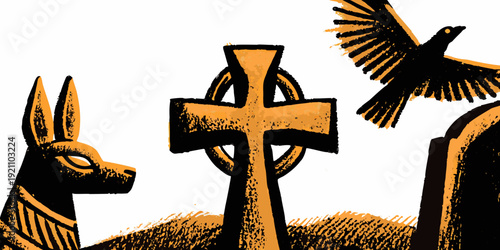 Ancient egyptian symbolism featuring an anubis head and a flying bird