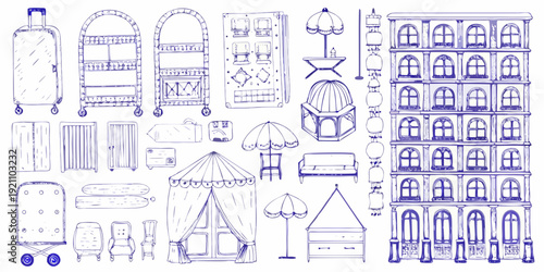 Collection of hand drawn furniture and architectural element sketches