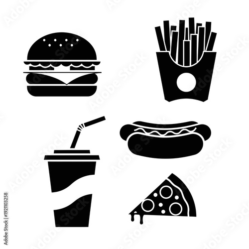 Fast Food Delights Icons Collection: Hamburger, French Fries, Soda, Hot Dog, and Pizza Slice in Flat Black Silhouette Style.