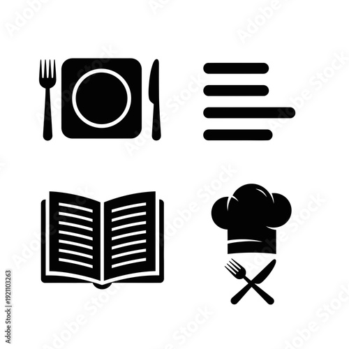 Culinary and Dining Icons Set: Plate Setting, Recipe List, Cookbook, and Chef Hat with Utensils in Flat Black Silhouette Style.