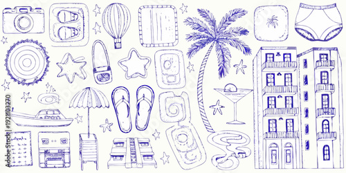 Hand drawn summer doodles featuring travel beach and vacation elements