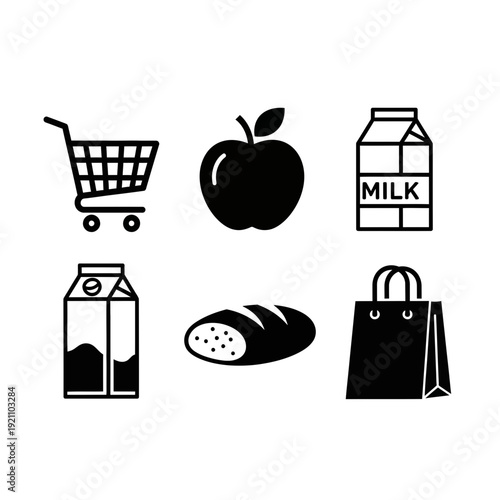 Supermarket and Grocery Shopping Icon Set with Shopping Cart, Apple, Milk Carton, Bread, and Paper Bag in Minimalist Black and White Style
