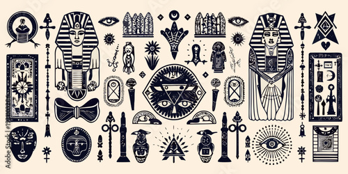 An assortment of ancient egyptian artifacts and symbolic imagery displayed