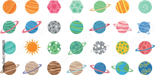 Diverse Solar System Planet Vector Set Featuring Earth Saturn Mars Jupiter and Stylized Celestial Bodies for Space Exploration Science Education and Astronomy Graphic Designs