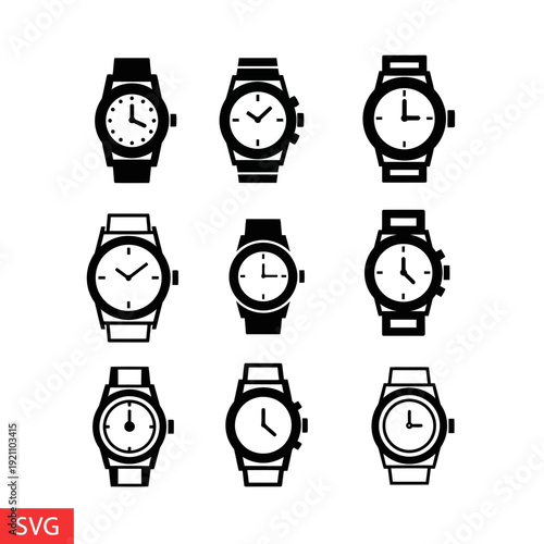 Collection of Various Wristwatch Styles Black Outline and Solid Glyph Icons, depicting different timepieces for fashion, accessory, or technology-related designs.