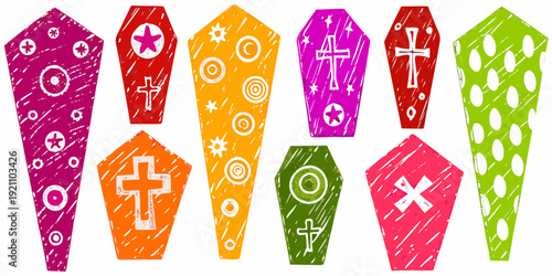 Colorful coffins with various symbols for a whimsical halloween theme