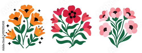 Groovy abstract flower set featuring organic circle shapes in trendy naive retro hippie style, bold colorful floral elements