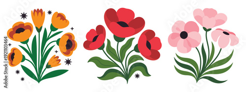 Groovy abstract flower set illustrating organic circular shapes, retro hippie aesthetic, playful naive design