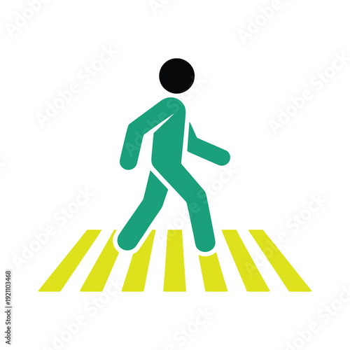 Pedestrian safety sign showing green stick figure walking on yellow crosswalk stripes for traffic regulation and urban movement