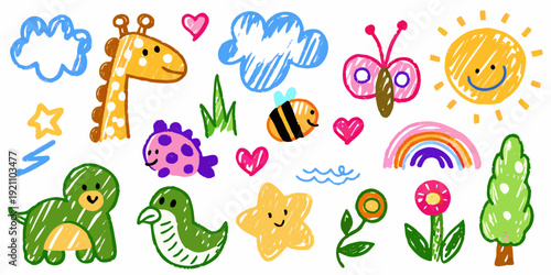 Colorful childlike drawing featuring animals nature and whimsical elements