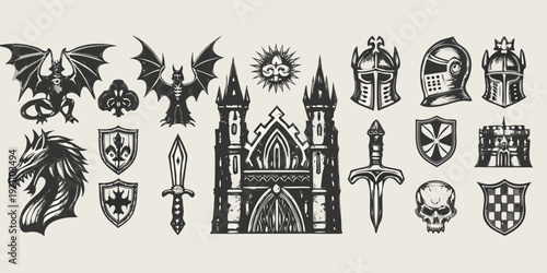 Vintage medieval heraldry collection featuring dragons castles and knightly elements