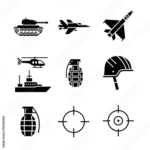 Comprehensive Military and Warfare Icons Set with Tank, Fighter Jets, Helicopter, Warship, Grenades, and Targets for Defense and Combat Concepts.