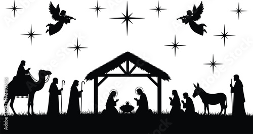 Black vector silhouette of a traditional Christmas Nativity scene with baby Jesus Mary Joseph angels and wise men with animals, cad drawing flat vector illustration