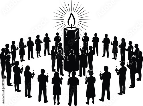 Black vector silhouette of people holding candles in a circle around large flame for vigil memorial peace and religious celebration, cad drawing flat vector illustration