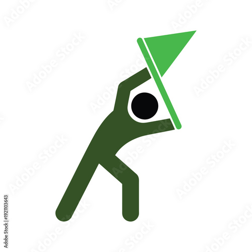 Stick man with green flag, isolated vector illustration, cartoon drawing, easy to change color