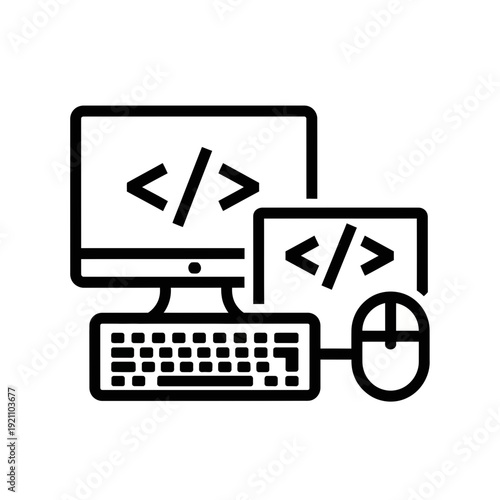 Computer Workstation Line Art Icon for Software Development, Programming, and Frontend Web Coding