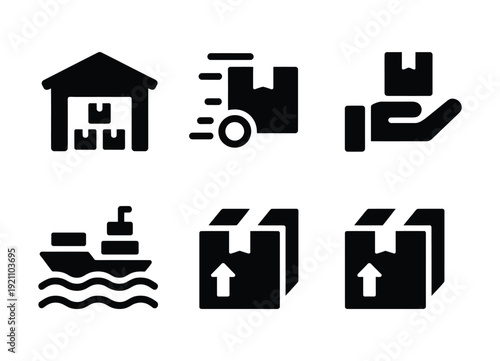 Set of logistics and delivery icons. warehouse, shipping, tracking, hand with box, cargo ship, export, import