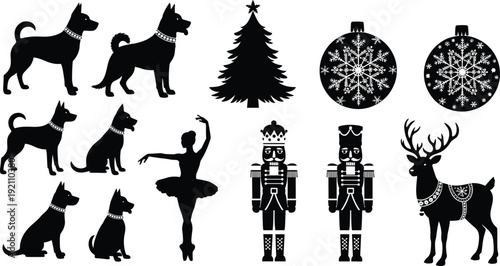 Black vector silhouette set of Christmas dogs reindeer nutcrackers a ballerina ornaments and a pine tree for festive holiday winter branding, cad drawing flat vector illustration