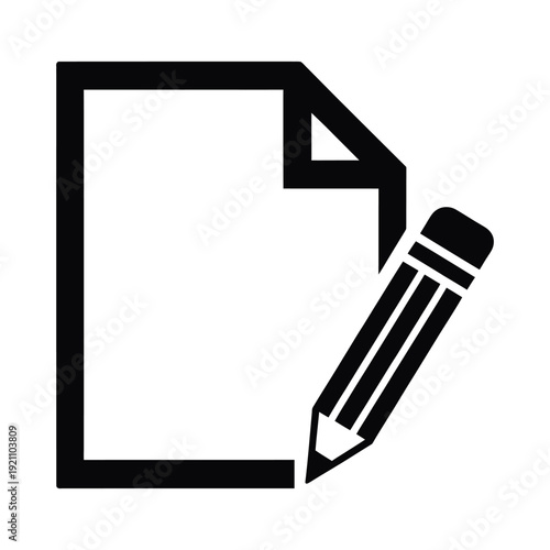 Black line art document icon with pencil illustration representing writing editing blogging and office administrative paperwork