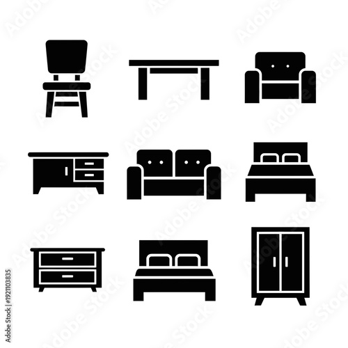 Modern home furniture icon set featuring bed, sofa, table, chair, and wardrobe for interior design and real estate projects.