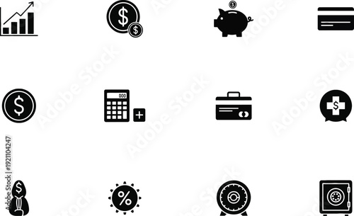 Collection of business and finance icons in black