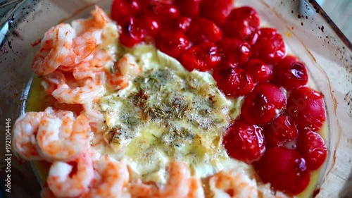 Wallpaper Mural Slow-motion video of cherry tomatoes, peeled shrimp, and soft cheese with rosemary boiling in a glass dish. Gourmet cooking process. Torontodigital.ca