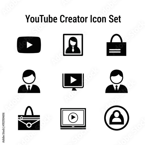 Set of YouTube Creator Icons: Play button, profile, briefcase, user silhouette, computer monitor, laptop, and profile badge for social media content