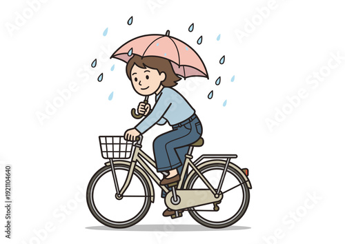 自転車の傘差し運転イラスト（雨の日・交通違反・交通安全）