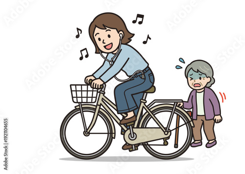 自転車のイヤホン着用運転イラスト（ながら運転・交通違反・交通安全）