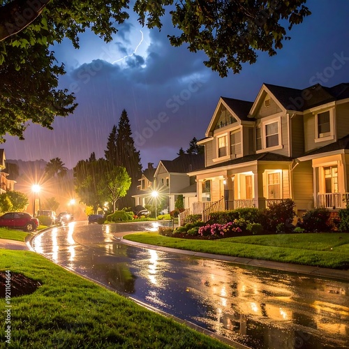 Nighttime cityscape with suburban houses during a thunderstorm with lightning and rain