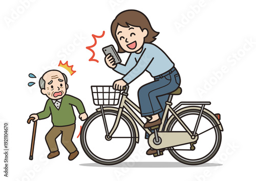 自転車のスマホ操作による危険運転イラスト（ながら運転・交通違反）