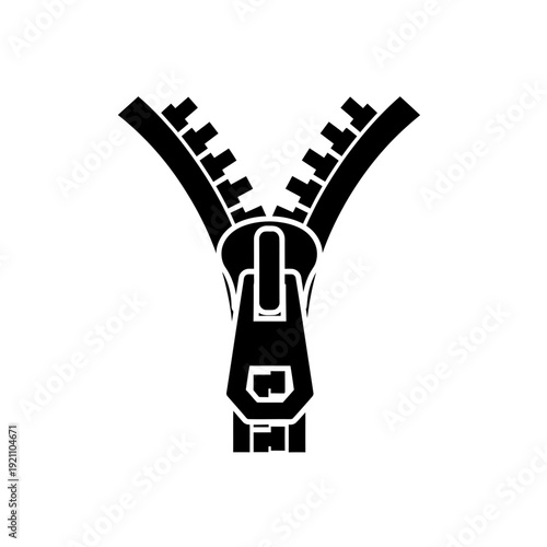 Close-up silhouette icon of a zipper, partially opened, representing fashion, clothing, textiles, and fastening mechanisms