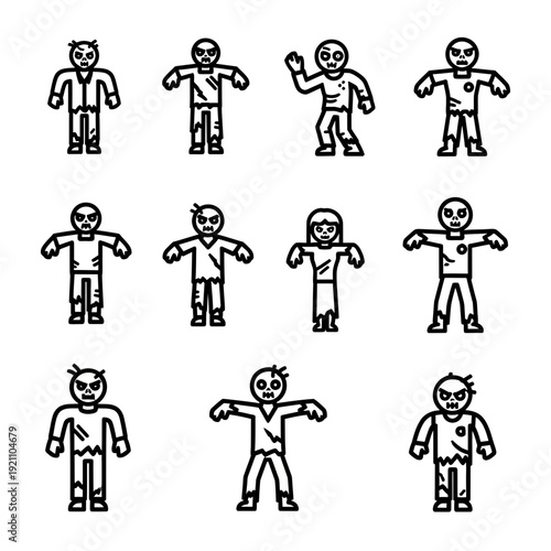 Set of 9 unique zombie icons in outline style for Halloween or horror themes