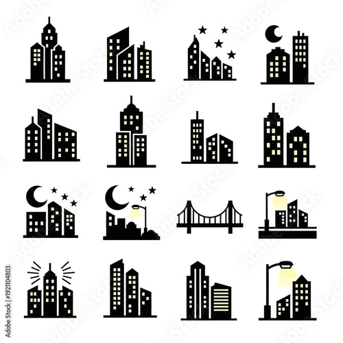 Collection of city skyline silhouettes at night with illuminated windows, moon, stars, streetlights, and a bridge