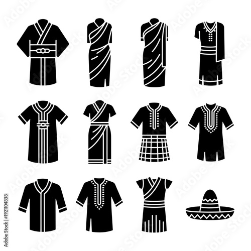Diverse Traditional Clothing Icons from Around the World, Including Kimono, Sari, Kilt, and Sombrero