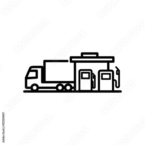 Line Art Icon of a Truck at a Gas Station with Fuel Pumps, Representing Transportation and Fueling Services