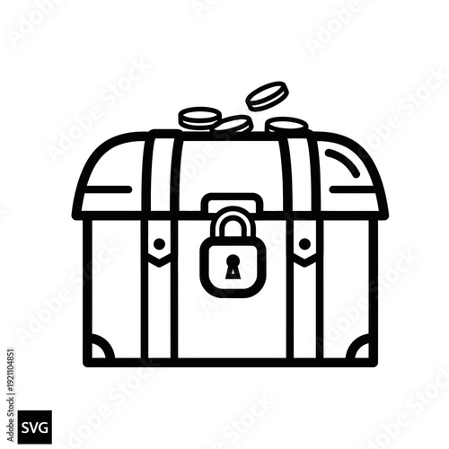 Simple outline vector illustration of a locked treasure chest with coins on top, symbolizing wealth, secrets, and adventure.