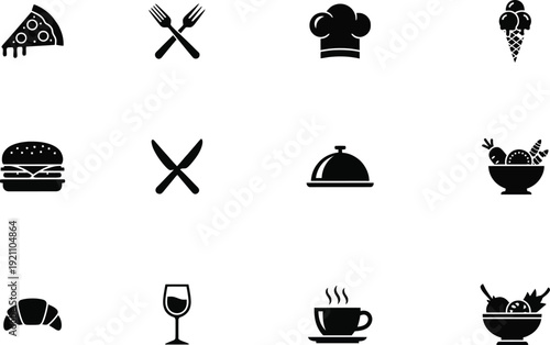 Collection of black and white restaurant icons on white background