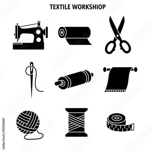 Illustration of a textile workshop with sewing machine, fabric rolls, scissors, needle and thread, yarn, and measuring tape. Crafting and tailoring concept.