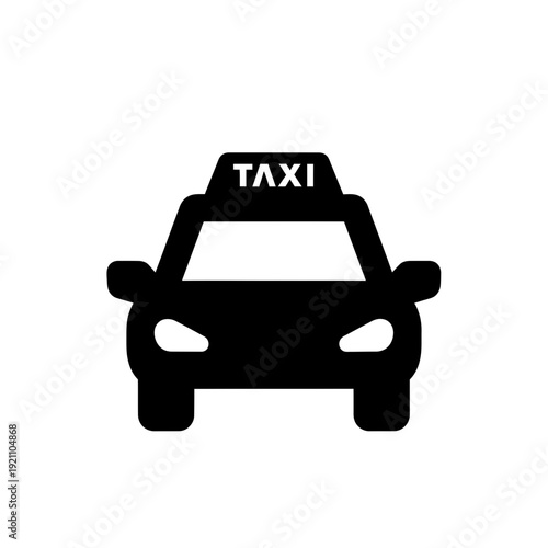 Simple black icon of a taxi car front view with a 'TAXI' sign on the roof. Represents urban transport, city travel, and ride-sharing service.