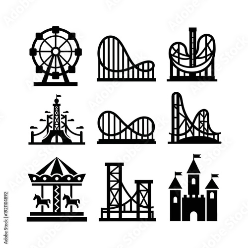 Collection of amusement park icons: Ferris wheel, roller coasters, carousel, and castle. Fun, entertainment, and vacation theme.