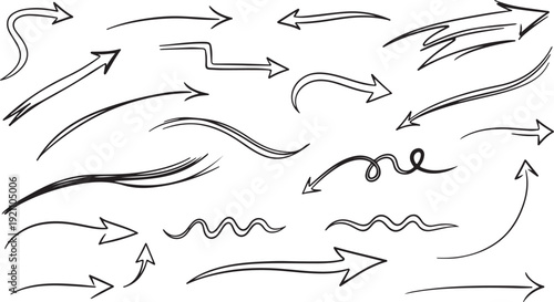 Hand Drawn Arrows Set in Simple Monochrome Style with Various Line Textures for Graphic Design Elements