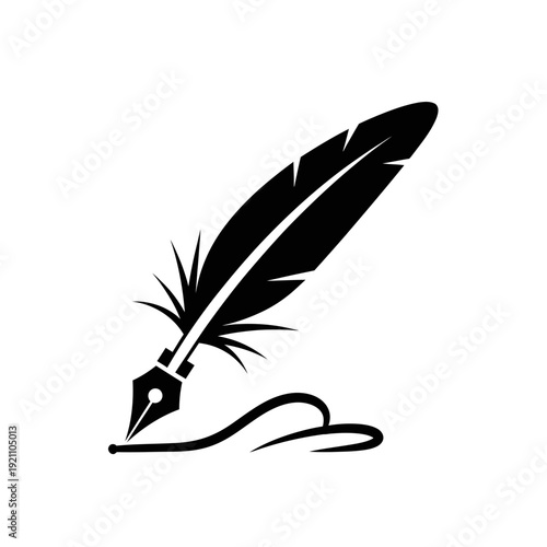 Elegant Black Glyph Icon of a Vintage Feather Quill Pen Dipped in Ink, Symbolizing Literature and Creative Writing; Classic Authorial Tool and Education Vector.