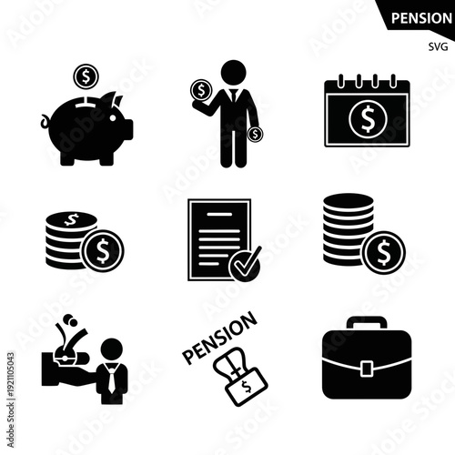 Minimal Black Vector Icons Set for Pension, Retirement Planning, Financial Savings, Investment, and Personal Finance Management with Piggy Bank and Money