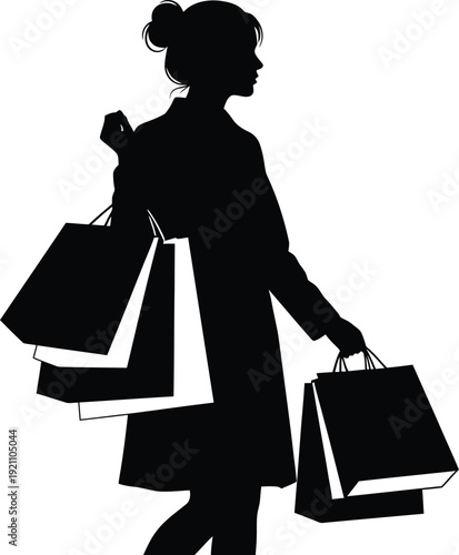 Silhouette of a woman carrying shopping bags isolated on white background with a happy expression