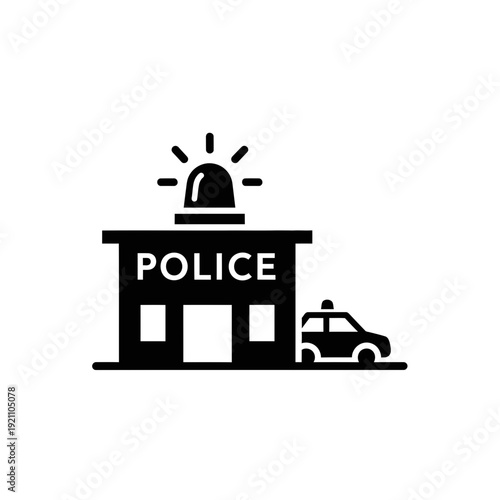 Solid Black Silhouette Vector Icon of a Police Station Building with Siren and Patrol Car, Representing Law Enforcement, Security, and Public Safety Services.