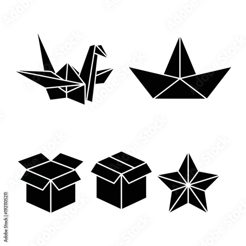 Creative Origami Paper Crafts and Geometric Shapes Vector Icons Set in Black Silhouette Style