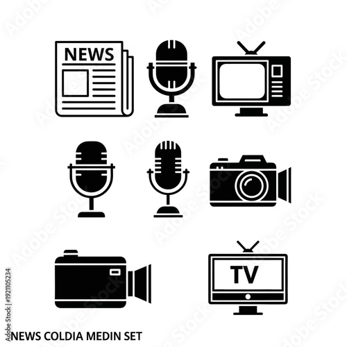 Comprehensive News, Media, and Journalism Vector Icons Set in Flat Black Silhouette Style for Communication and Broadcasting