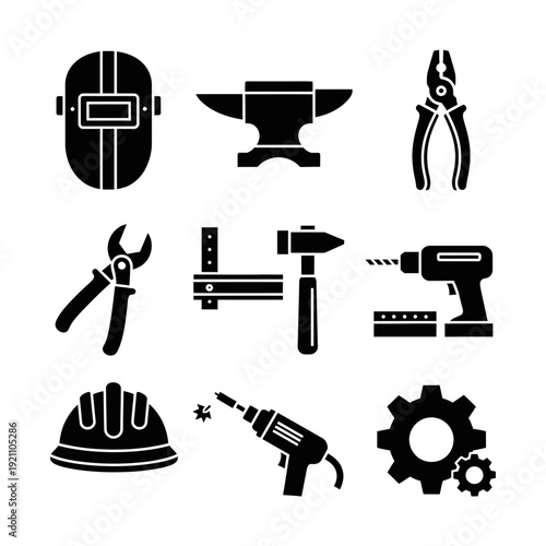 Flat Black Vector Icons Set for Industrial Work and Craftsmanship, Including a Welding Mask, Anvil, Pliers, Hammer, Drill, and Hard Hat, Representing Tools and Safety.