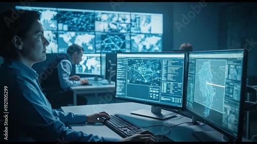 Technical experts monitor data in a modern operations control room